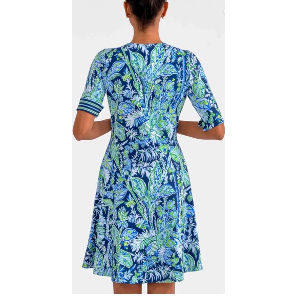 Gretchen Scott XS Floral A-Line Dress Blue Green Twirly Whirly Short Sleeve - Picture 10 of 10